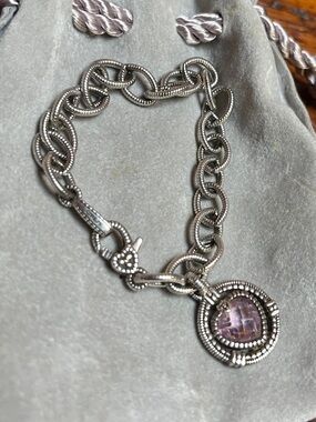 Judith Ripka Sterling Silver & 18 kt gold  Bracelet with Pink Gem Pendant